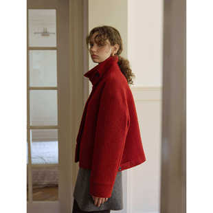复古红色毛圈圈羊毛短款宽松毛呢外套女秋冬款呢子大衣外套小个子