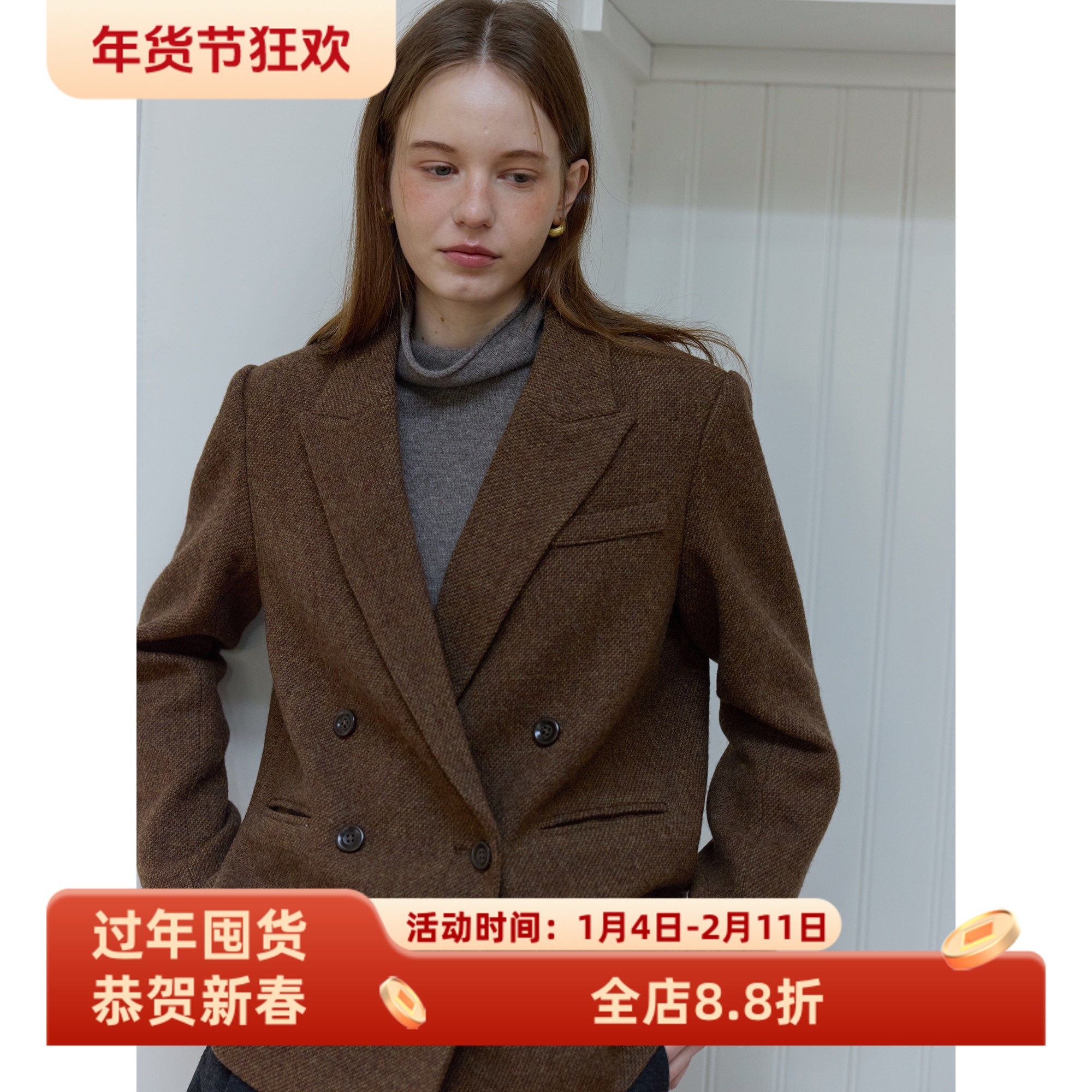 复古风全羊毛斜纹宽松西装毛呢外套女呢子秋冬季款通勤韩版小个子