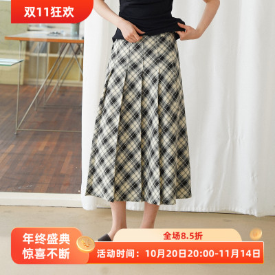 复古格子印花高腰半身裙