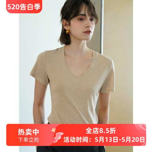 法式正肩V领微宽松短袖亚麻微透薄款T恤女夏新款露锁骨百搭上衣