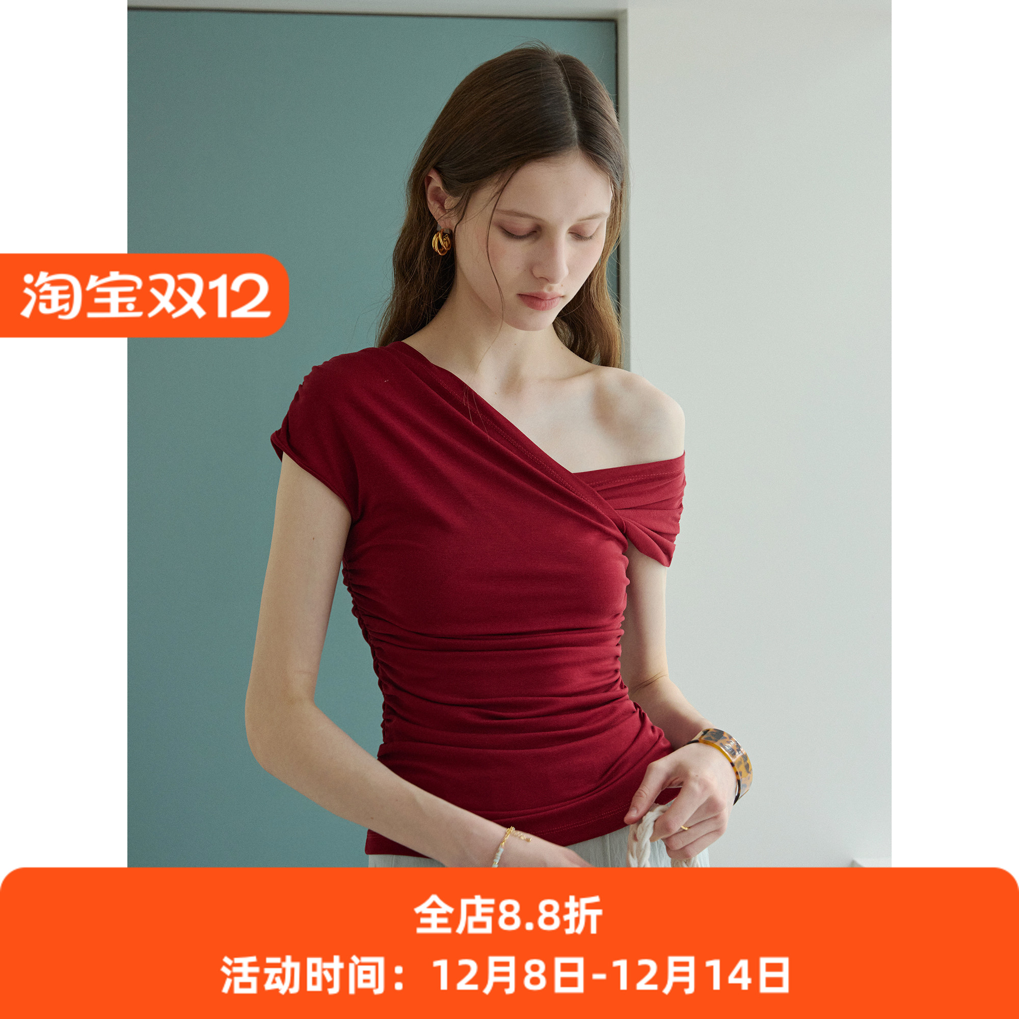 凉爽零压感弹力不对称一字斜肩抽褶交叉领短袖T恤女夏设计感上衣