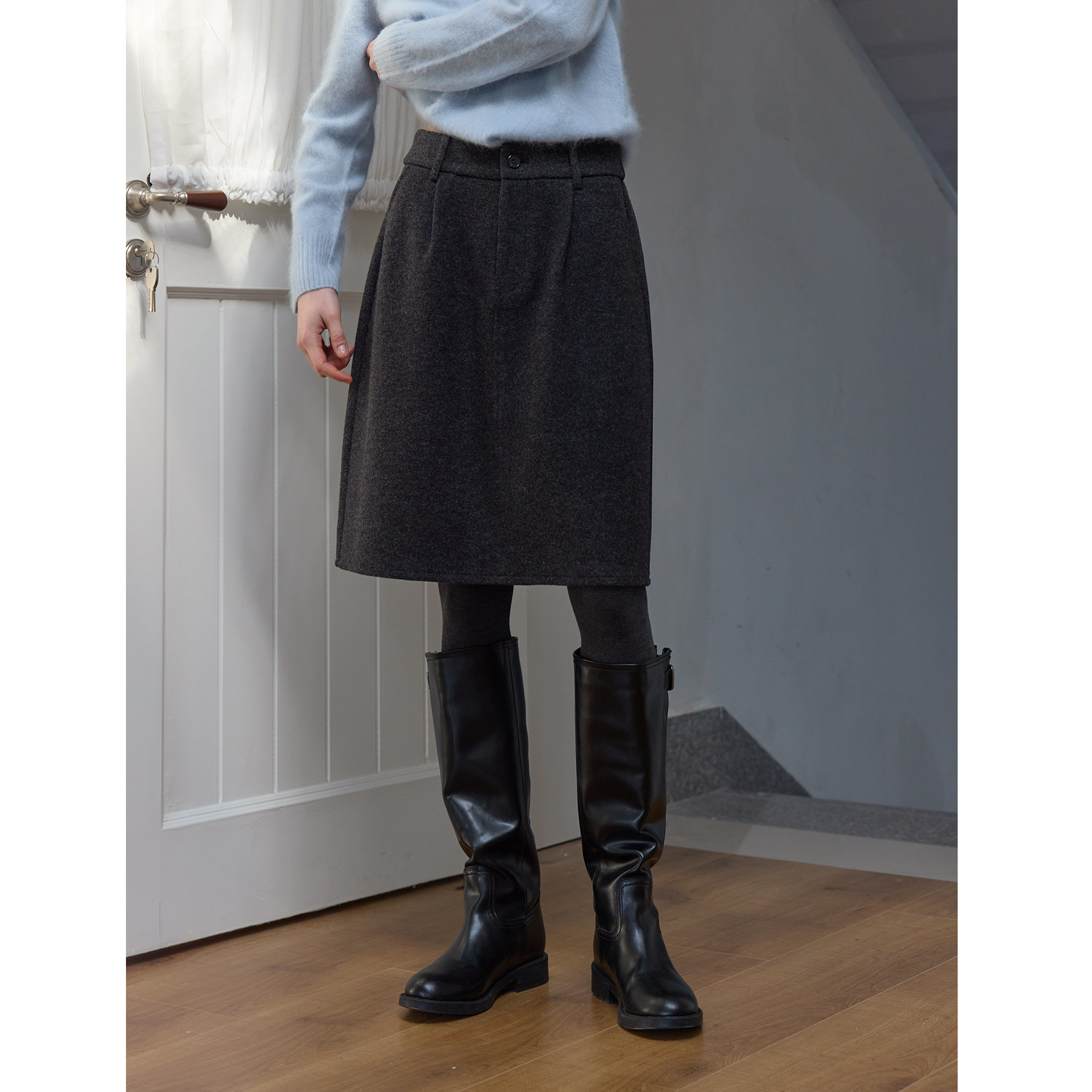 复古纯色小个子羊毛呢半身裙女秋冬款藏肉花苞裙叠穿高腰a字短裙