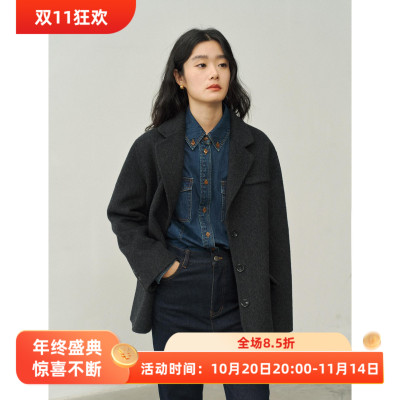 骆驼绒牦牛绒西装领宽松短款羊毛双面呢大衣女秋冬小个子毛呢外套