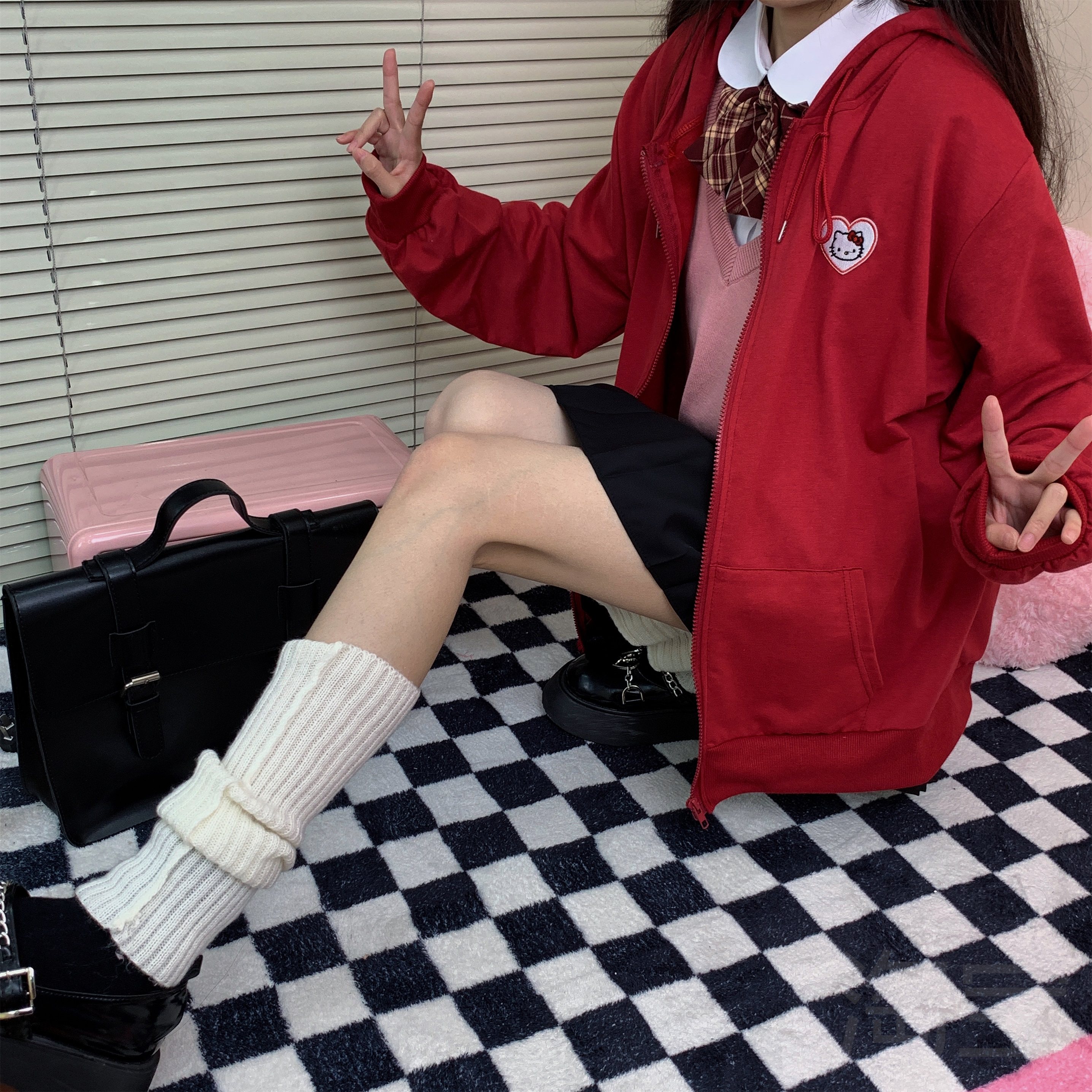 ins新款2023软妹可爱少女连帽显瘦秋冬百搭可爱kitty猫红外套女潮