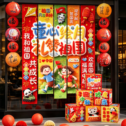 双节同庆橱窗布置条幅中秋国庆店铺幼儿园背景墙拍照打卡道具套装