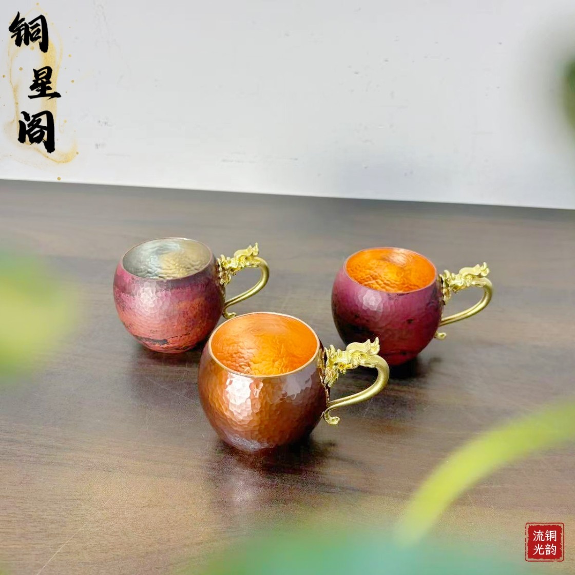 纯紫铜手工复古小众高端火烧色锤纹龙把茶杯家用复古小众铜器茶具