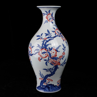 仿古陶瓷花瓶摆件礼盒 釉里红寿桃鱼尾瓶 景德镇陶瓷器 明清古典