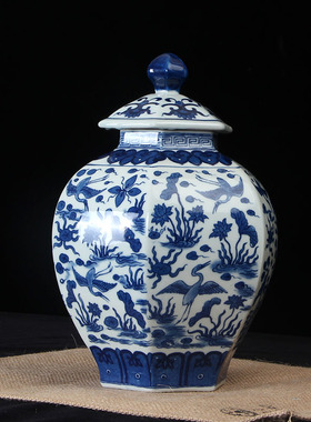 陶瓷青花仿古风将军罐六方小摆件