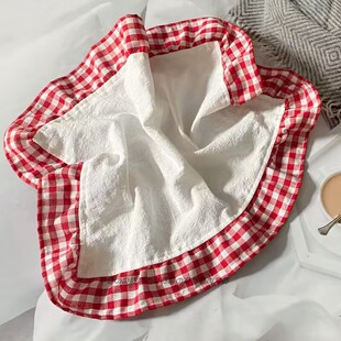 北欧简约风餐垫米白红格子荷叶边餐布ins风咖啡甜品餐盘隔热垫布