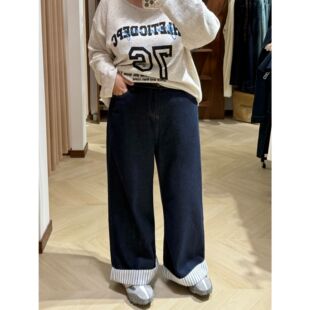 大阿娇 大码条纹拼接阔腿牛仔裤女秋季新款胖mm高腰宽松显瘦裤子