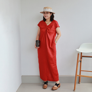 设计师款！ 凉爽显瘦  知性又大气  前后V领后开叉亚麻长款连衣裙