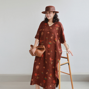茧型宽松 大气 小飞象 红云纱100%真丝花萝 V领中长连衣裙 压轴