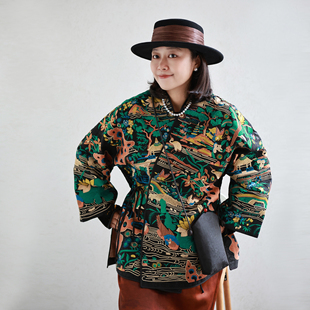 廓形偏襟系带中式 重磅 香云纱真丝 满绣松鹤荷花图 外套 超精致