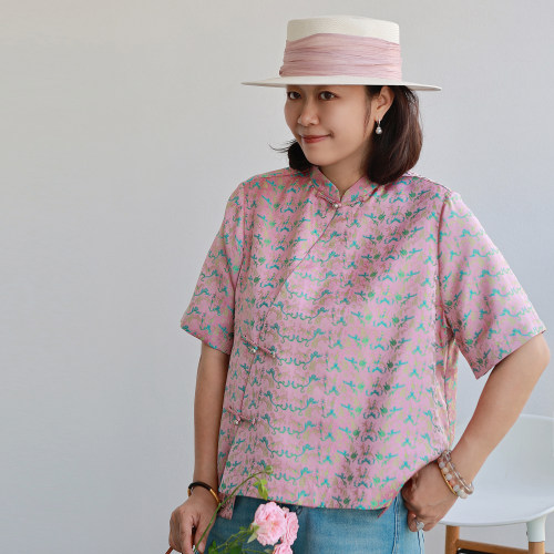 35姆米真丝宋锦领斜襟旗袍上衣