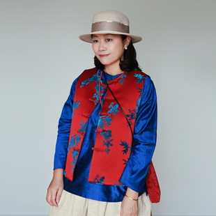 非遗朱绫蓝花 里外100%真丝漳缎   夹薄绒 保暖又经典新中式马甲