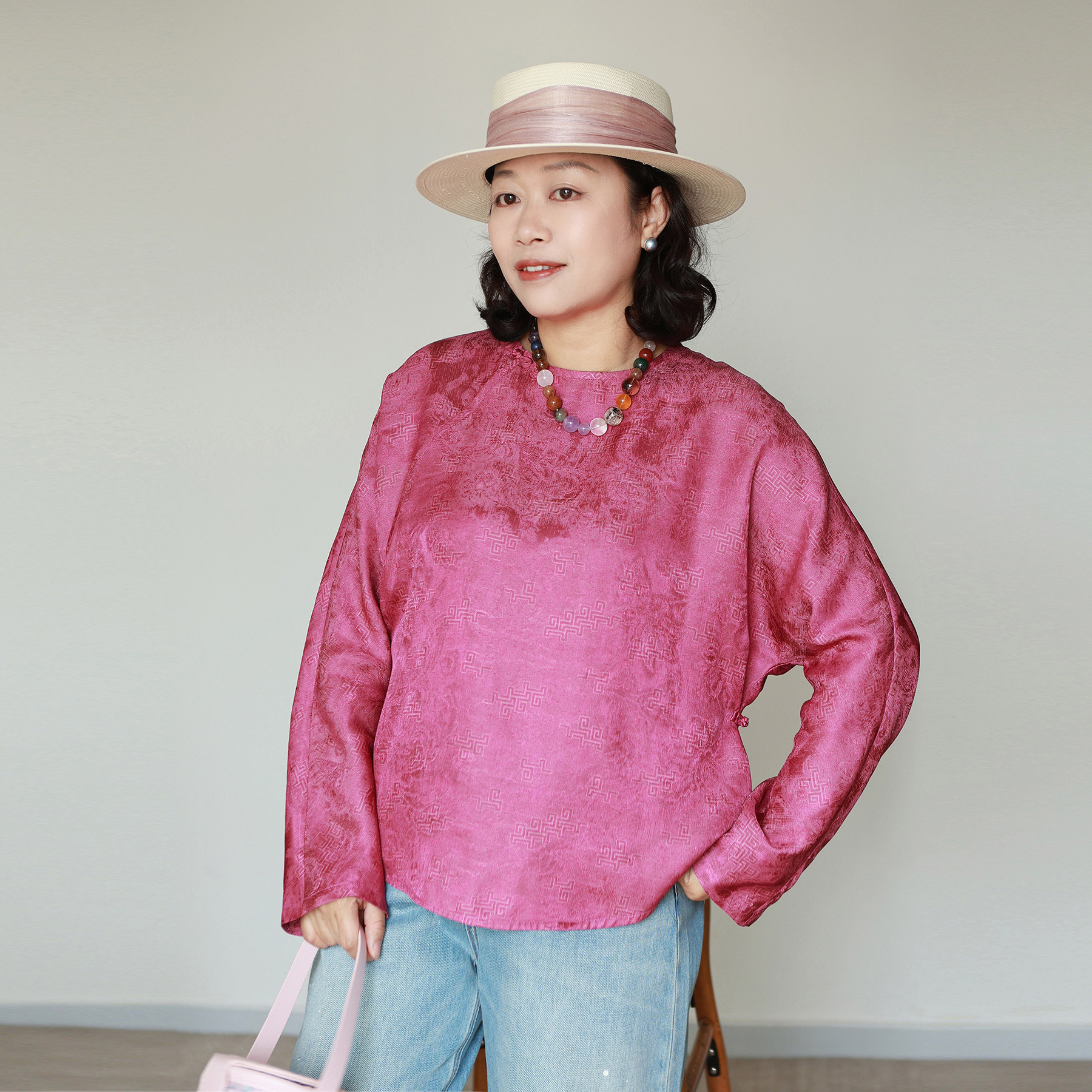 z轻奢华 玫瑰琉蓝 100% 植物染 抗皱真丝蝙蝠袖轻中国风上衣