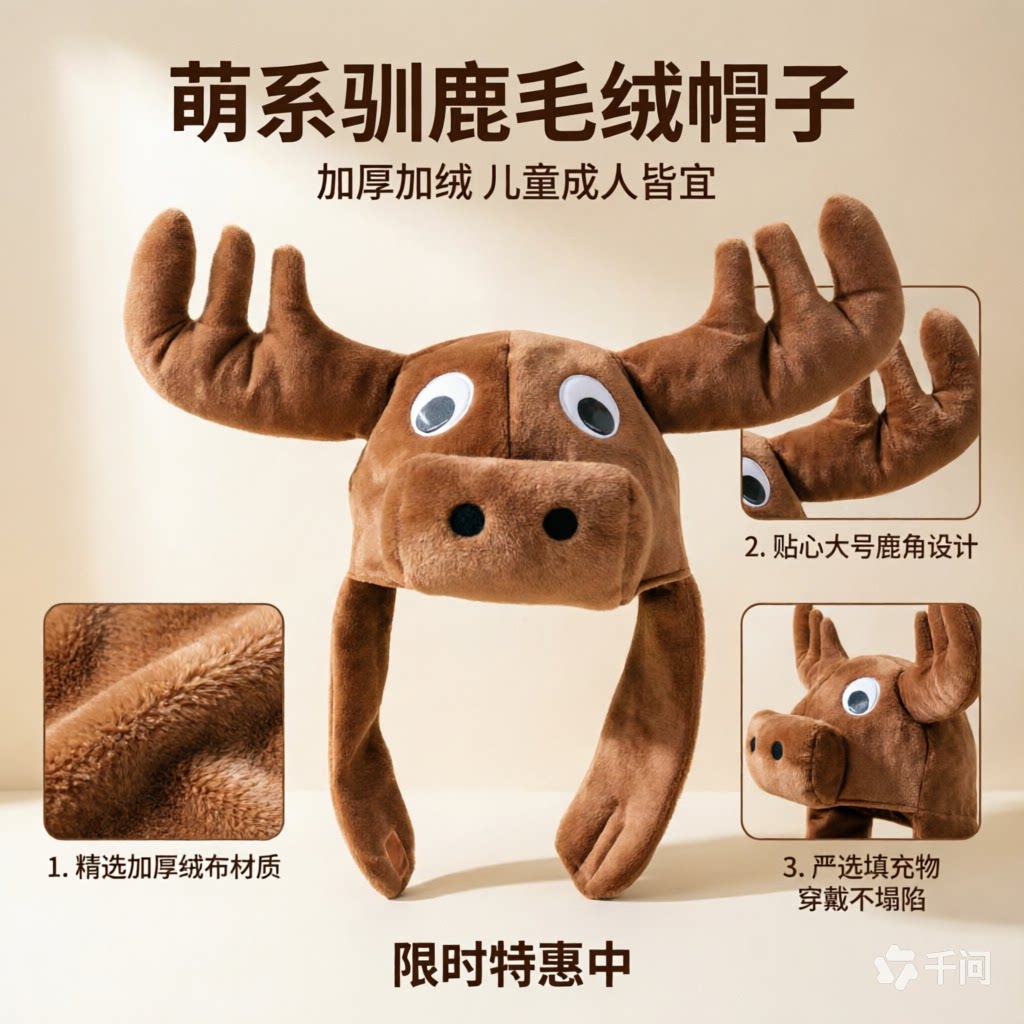 圣诞驼鹿毛绒保暖成人儿童帽