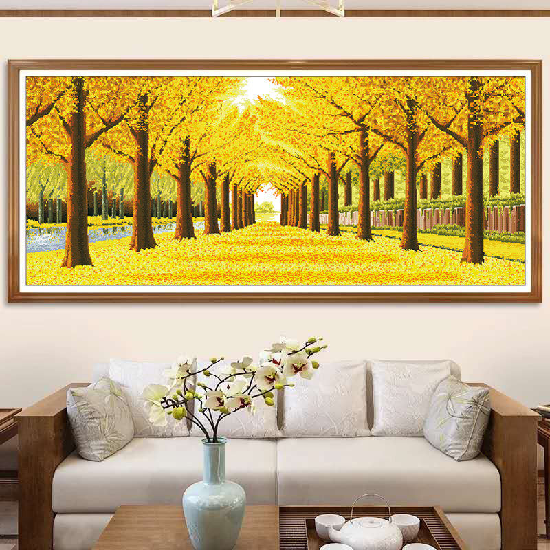 棉线十字绣黄金满地客厅大幅风景画印花十字绣办公室大画黄金满地