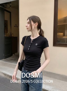 黑色v领亨利短袖t恤女2026夏设计感修身打底衫内搭正肩上衣