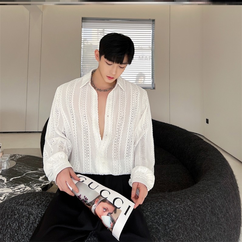 蕾丝镂空衬衫男长袖小众设计感性感男装韩版夏季薄款微透防晒上衣