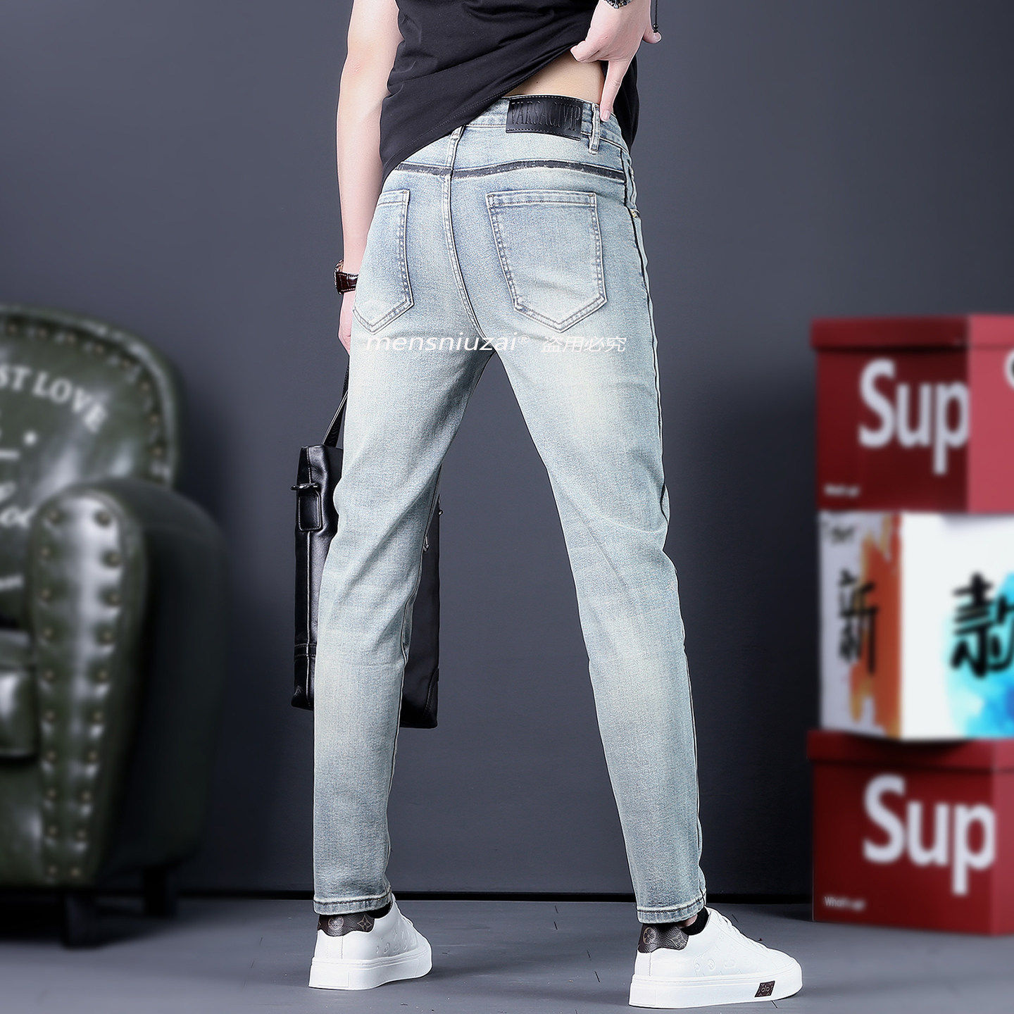 高端潮牌条纹牛仔裤男修身小脚长裤浅色百搭潮九分裤2026春夏新款