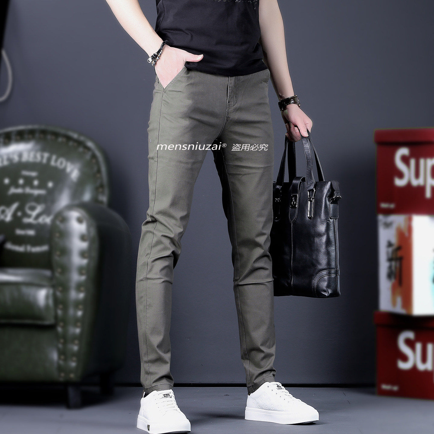 2026春夏新款纯棉休闲裤男小脚裤男裤男士西裤弹力修身军绿裤子男