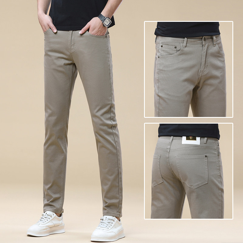 高端潮牌男士牛仔裤帝驼色修身百搭小脚裤子男 九分/长裤可选