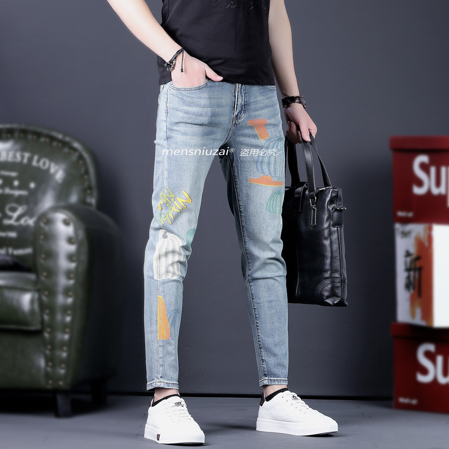 2025春季新款男士浅蓝色印花牛仔裤修身显瘦九分裤修身潮流小脚裤