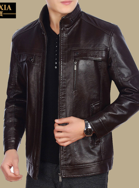 中年男士机车皮衣男PU皮夹克冬季加厚款中老年爸爸40春装外套50岁