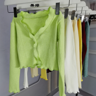 秋冬新款木耳边舞蹈毛衣练功服小外套V领套头衫果绿黄白色针织衫
