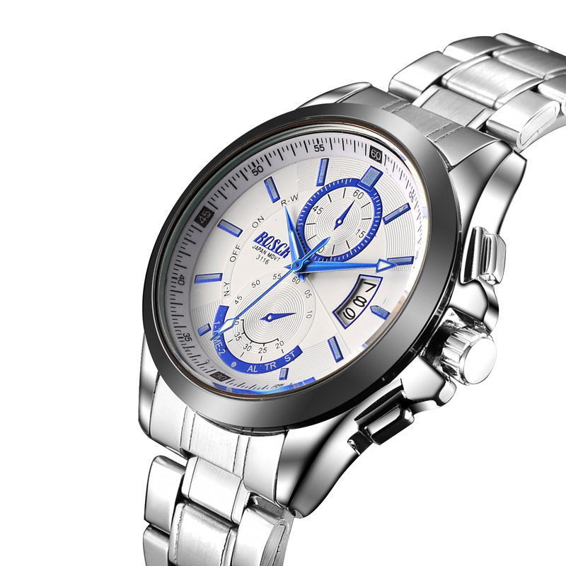bosck男士运动手表圆形大表盘 石英表钢带日历精密防水3116指针式,手表,国产腕表,淘宝优惠券,粉丝福利购,淘宝优惠卷