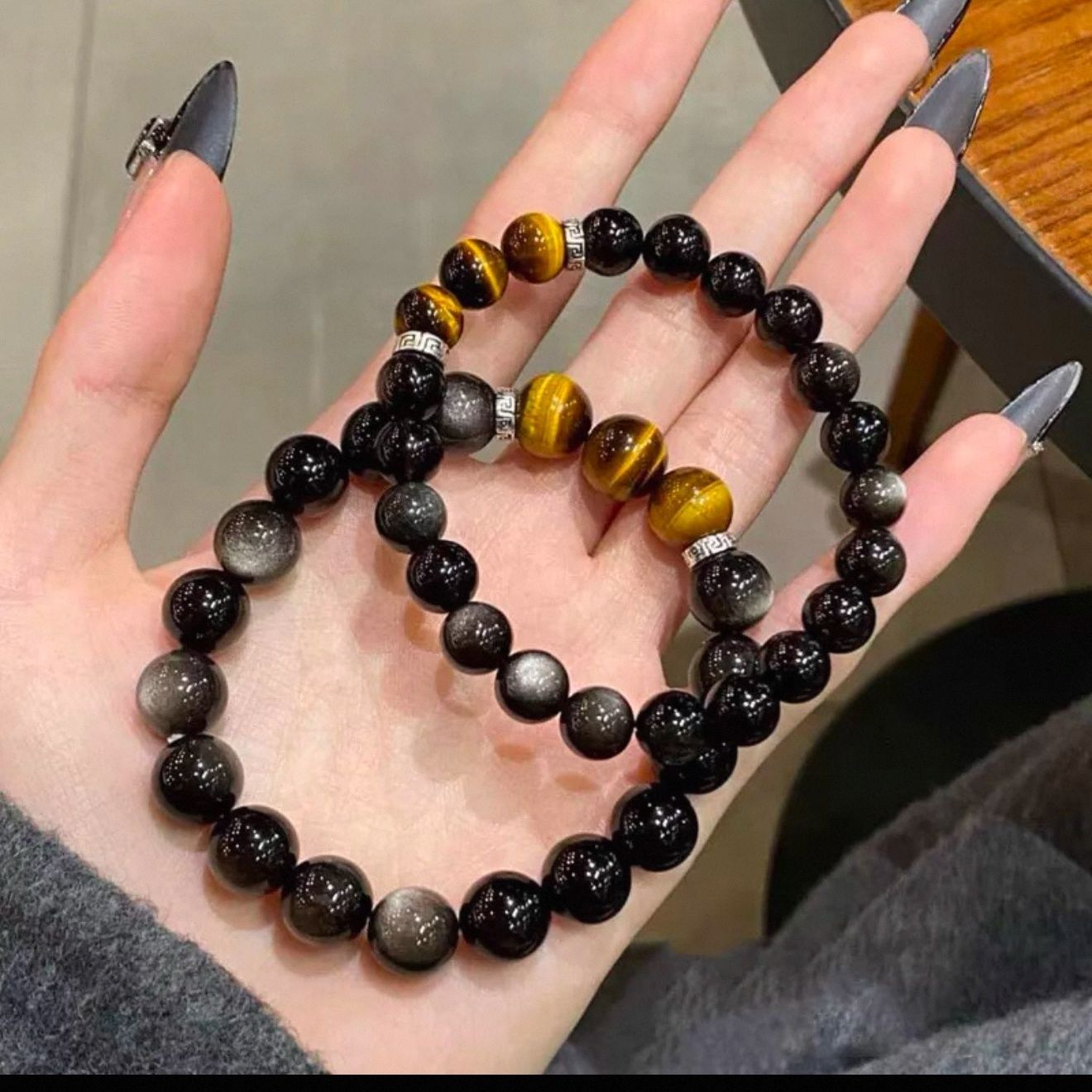 新款情侣手链天然石黄虎眼银曜石手串轻奢百搭手饰七夕送女友礼物