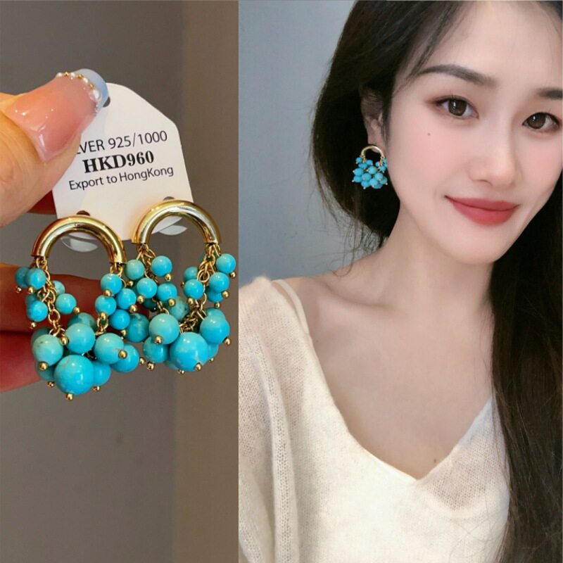 中古风绿松石葡萄串U形口长耳环电镀18K真金复古重工高级感长耳坠