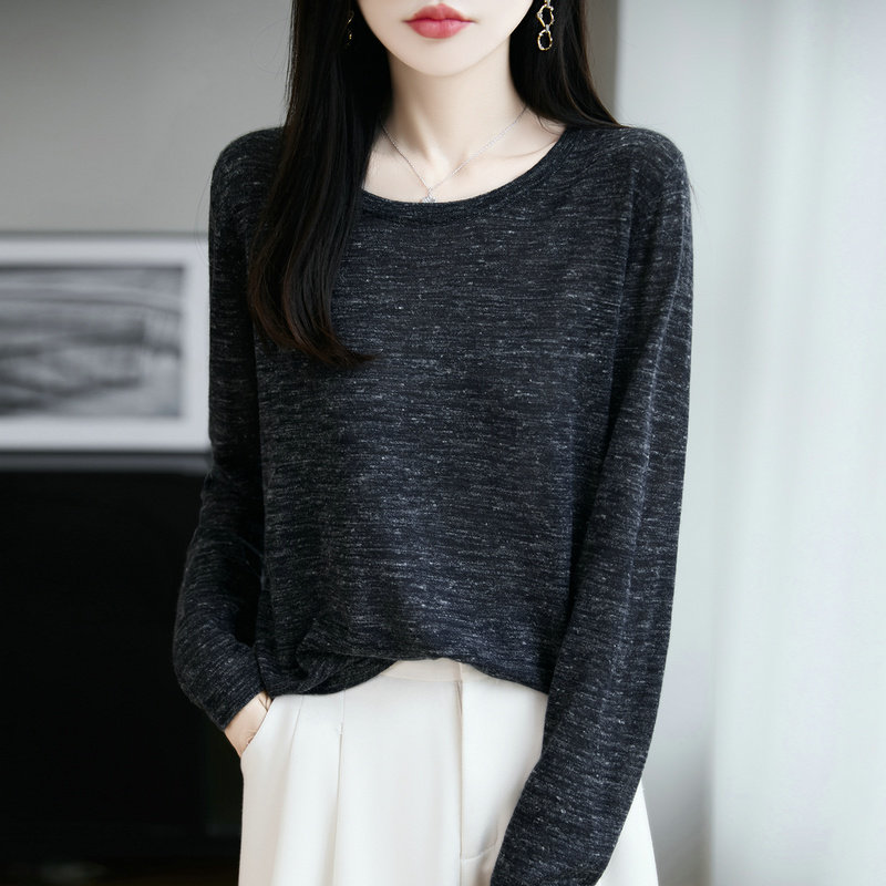 法式时尚轻奢彩麻针织长袖T恤女春秋款圆领宽松显瘦打底毛衫上衣