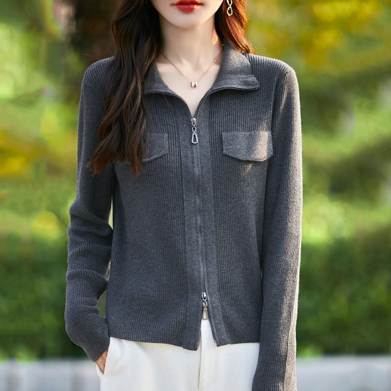 春秋薄款立领双拉链羊毛开衫