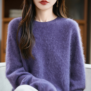 氛围感软糯100纯羊毛衫女轻奢圆领拉绒毛衣宽松大码羊绒针织上衣