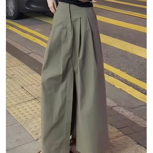 高腰a字裙伞裙绿色前开叉设计垂感长裙 时尚 修身 半身裙女夏季 新款