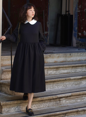 Into Fiction 40%可机洗羊毛可拆卸假领法式长袖宽松小黑裙连衣裙