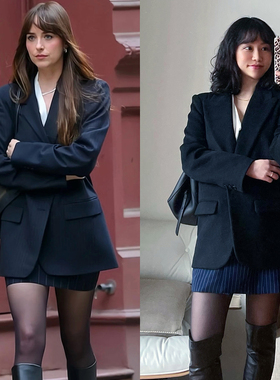 达妹法式通勤单品藏青条纹显瘦薄款羊毛A字裙半身裙短裙A字裙