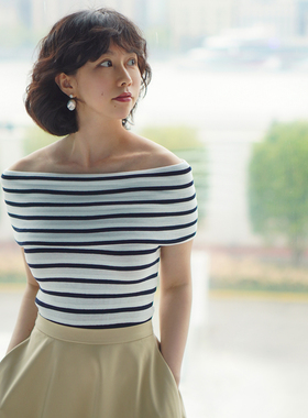 Into Fiction 南法夏日真丝桑蚕丝天丝条纹露肩一字领针织衫