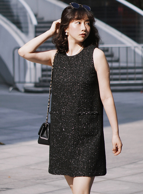 Into Fiction小香风法式千金黑色亮丝粗花呢羊毛混纺小黑裙连衣裙