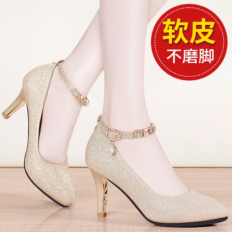 浅口高跟鞋女2025单鞋细跟春季百搭中跟粗跟春秋真皮扣带尖头女鞋