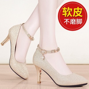 浅口高跟鞋女2025单鞋细跟春季百搭中跟粗跟春秋真皮扣带尖头女鞋