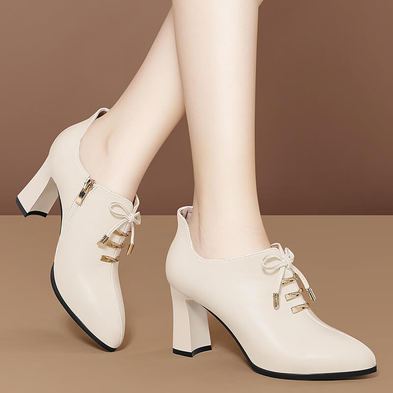 尖头高跟鞋女鞋2024年新款粗跟秋款白色深口秋季新品软皮气质单鞋