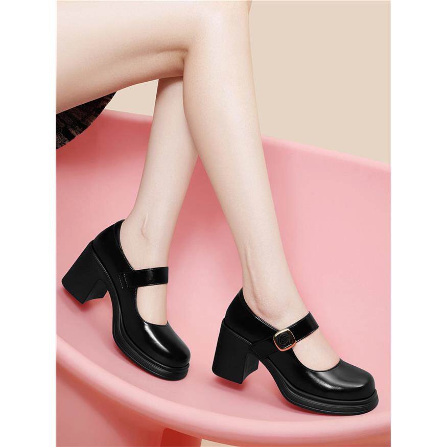 品牌黑色方头玛丽珍单鞋女2026新款春秋配裙子高跟粗跟小皮鞋百搭
