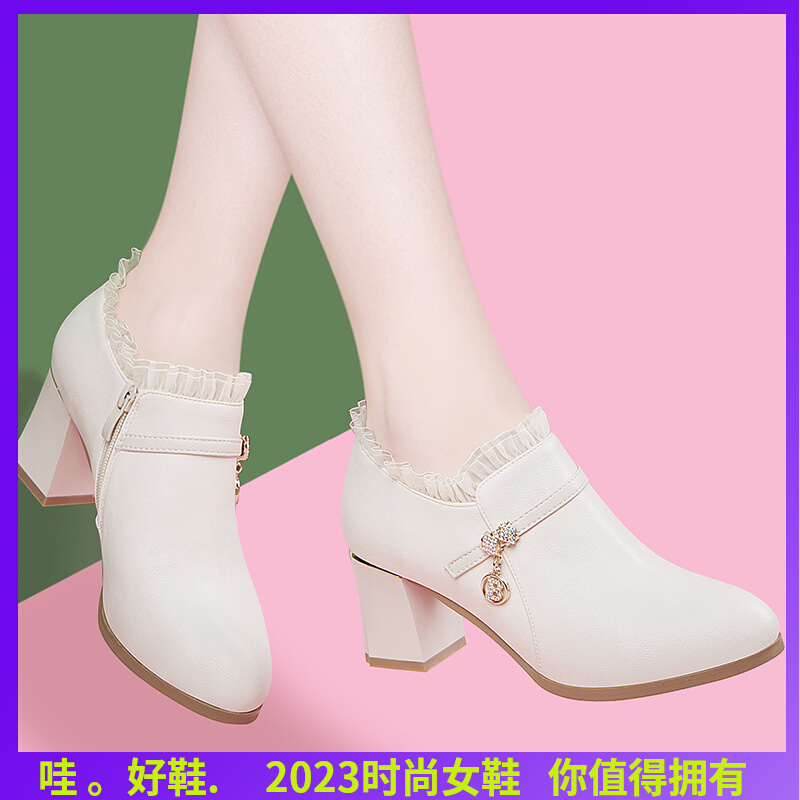 米色真皮高跟鞋粗跟202s2新款女鞋中跟包鞋女春秋季拉炼女士小皮