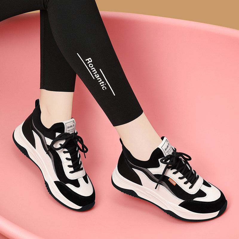 真皮厚底老爹鞋女ins潮2023新款秋季百搭软底休闲运动黑白熊猫鞋