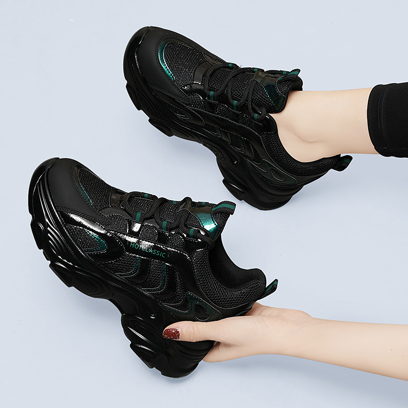 内增高女鞋小个子老爹鞋潮ins春夏季2025真皮百搭亮面厚底运动鞋