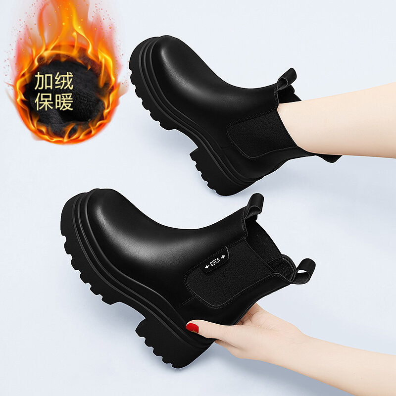 CHELSEA BOOTS WOMENS AUTUMN WINTER BLACK PLATFORM PILE BLOCK HEEL CHIMNEY MARTIN BOOTS SMALL MAN HEIGHTENED LEATHER