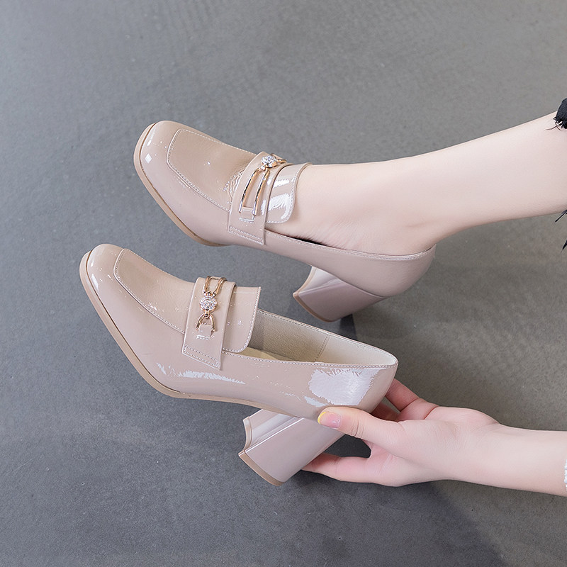 方头裸色高跟鞋粗跟2025新款女鞋真皮单鞋女春夏女人皮鞋百搭鞋子